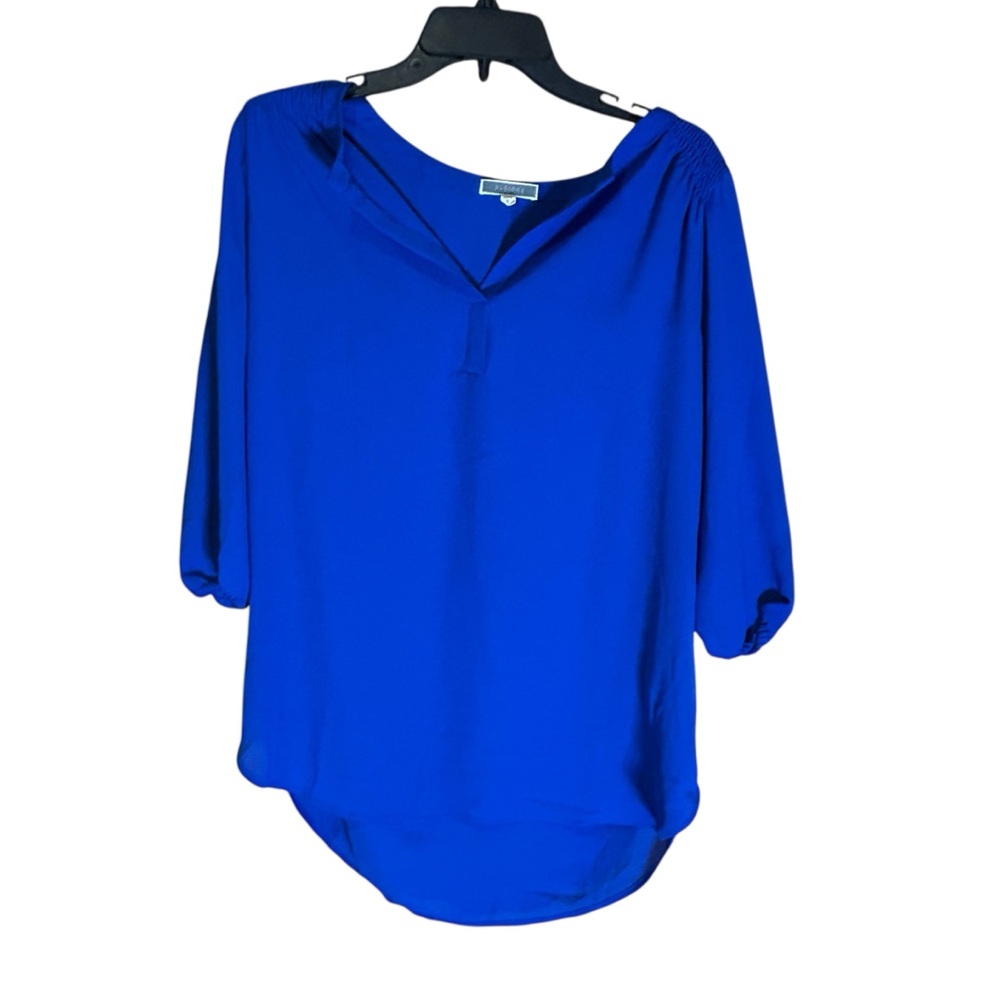 Pleione Womens Royal Blue Blouse 3/4 Sleeve Small Split Neck‎ Lightweight Top